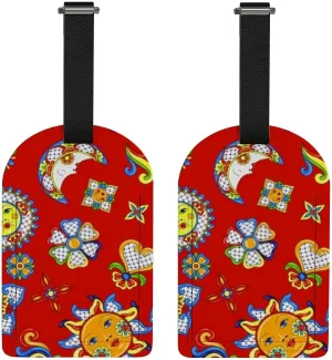 Luggage Tags 2 Pack for Suitcase Mexican Cute Naive Art Ethnic Travel Bag Baggage PU Leather Name ID Labels with Privacy Cover Carry-On Label for Women Men Backpacks Keys Decor