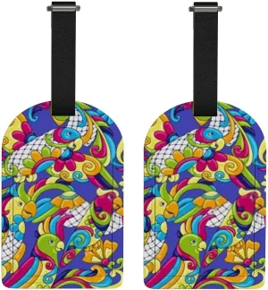 Luggage Tags 2 Pack for Suitcase Mexican Traditional Cute Naive Art Travel Bag Baggage PU Leather Name ID Labels with Privacy Cover Carry-On Label for Women Men Backpacks Keys Decor