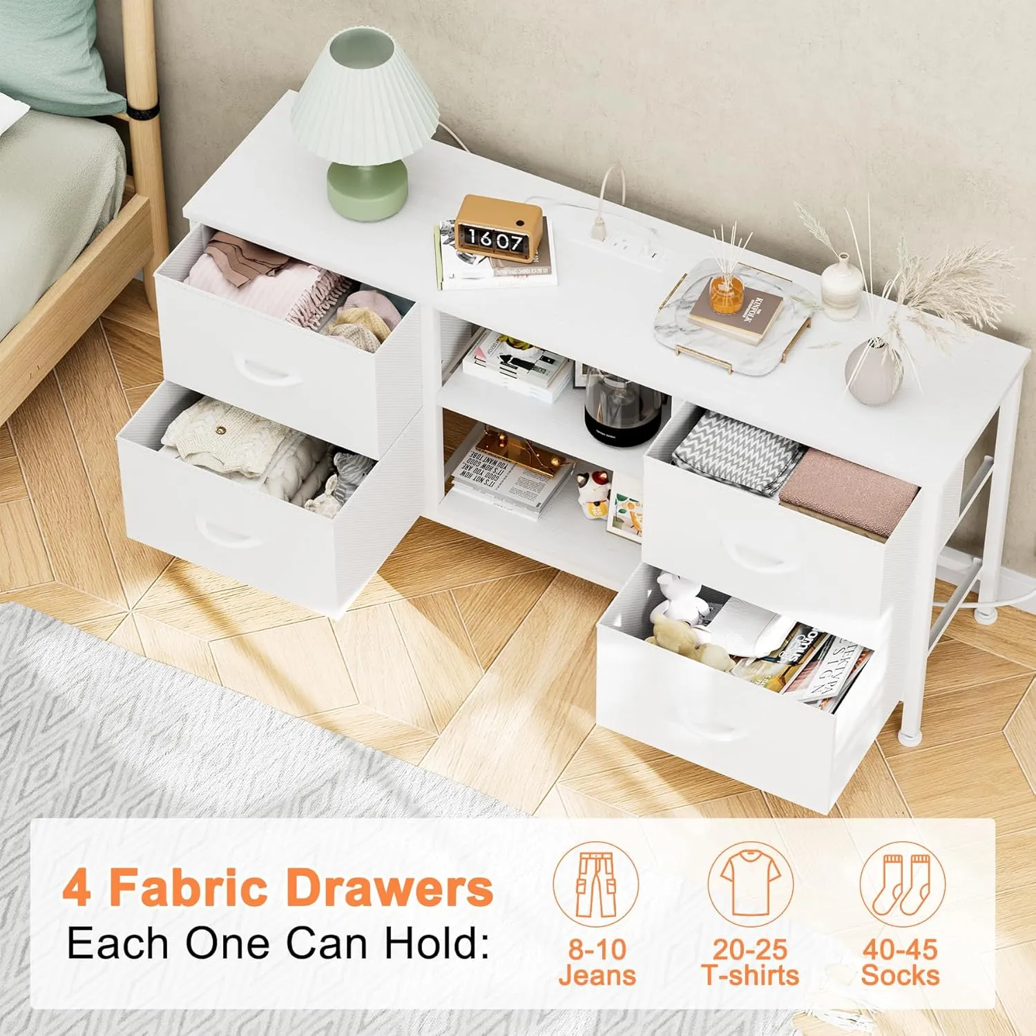 Lulive TV Stand Dresser for Bedroom with Power Outlet & Open Shelf, Media Console Table with 4 Fabric Drawers Storage Organizers