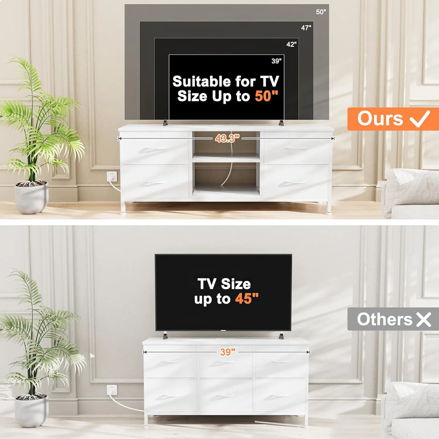 Lulive TV Stand Dresser for Bedroom with Power Outlet & Open Shelf, Media Console Table with 4 Fabric Drawers Storage Organizers