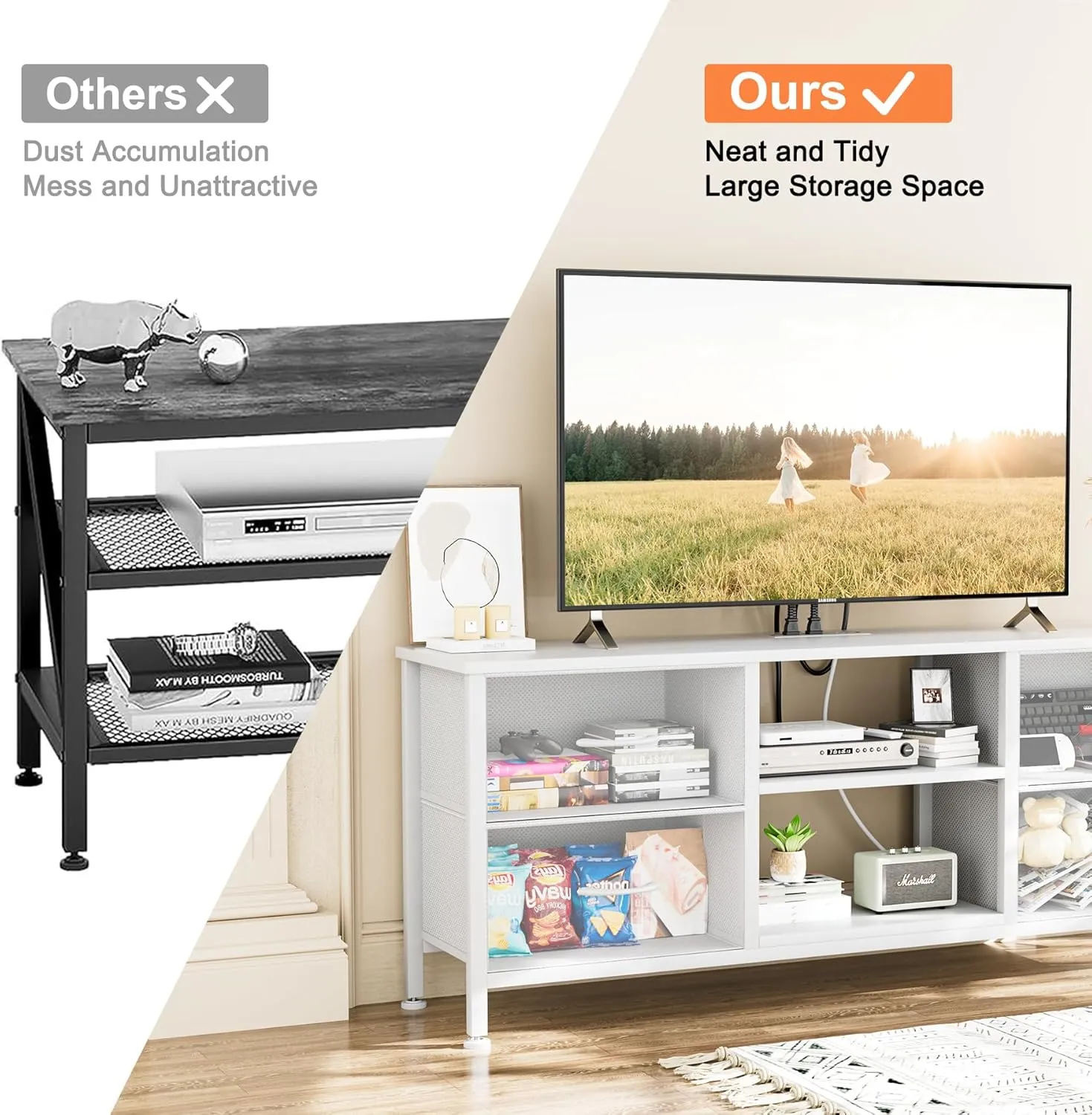 Lulive TV Stand Dresser for Bedroom with Power Outlet & Open Shelf, Media Console Table with 4 Fabric Drawers Storage Organizers