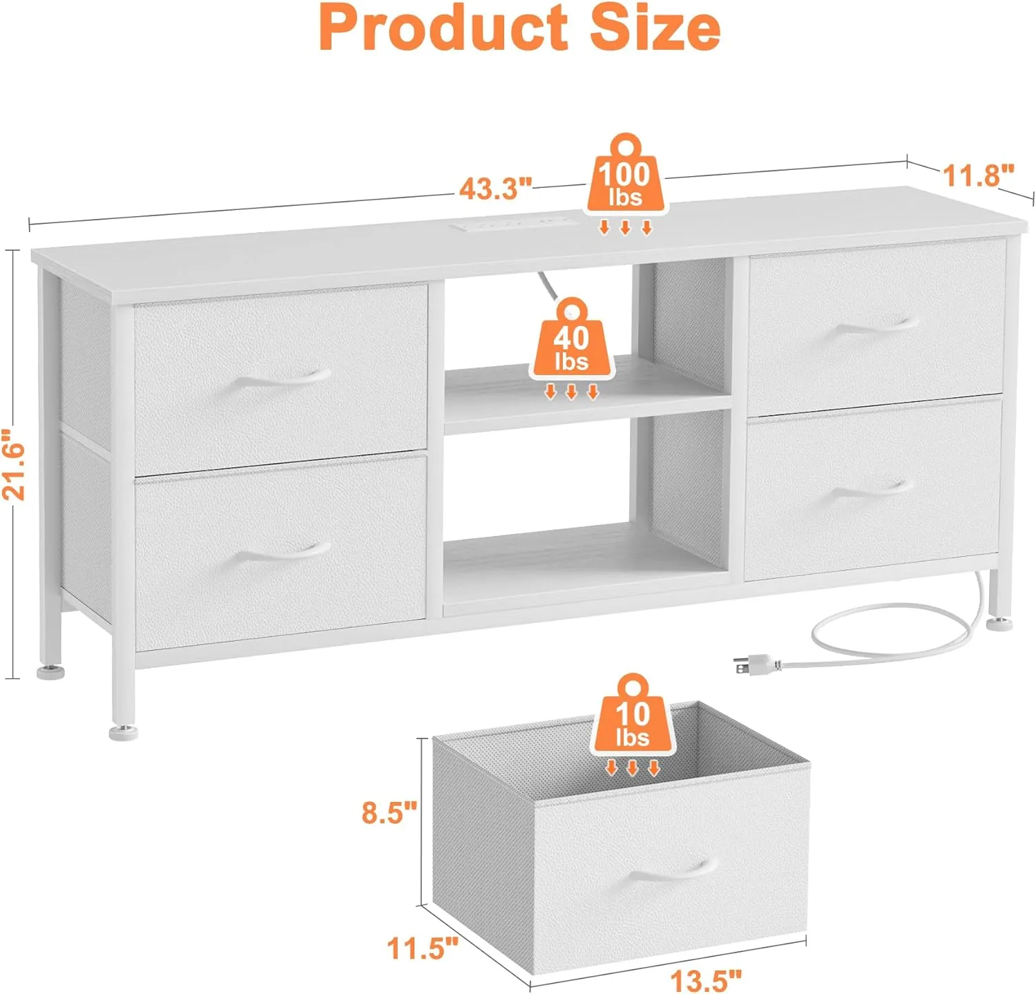 Lulive TV Stand Dresser for Bedroom with Power Outlet & Open Shelf, Media Console Table with 4 Fabric Drawers Storage Organizers