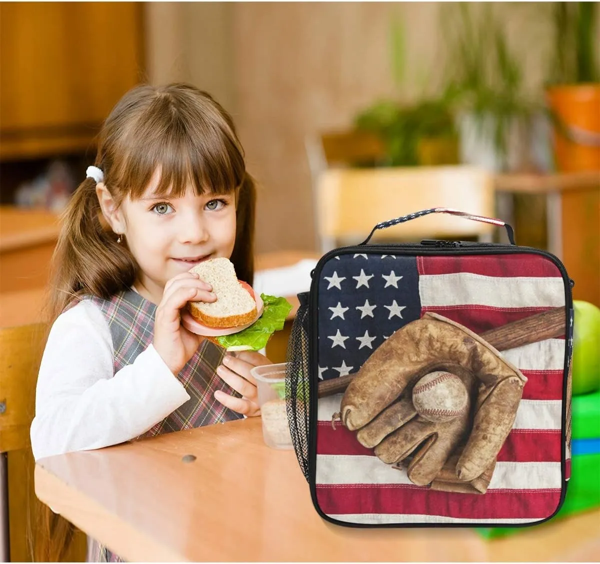 Lunch Bag American Flag Sport Baseball Insulated Lunch Box Ice Cooler Tote Bag Handbag Lunchbox Shoulder Strap for Boys Girls Women Men