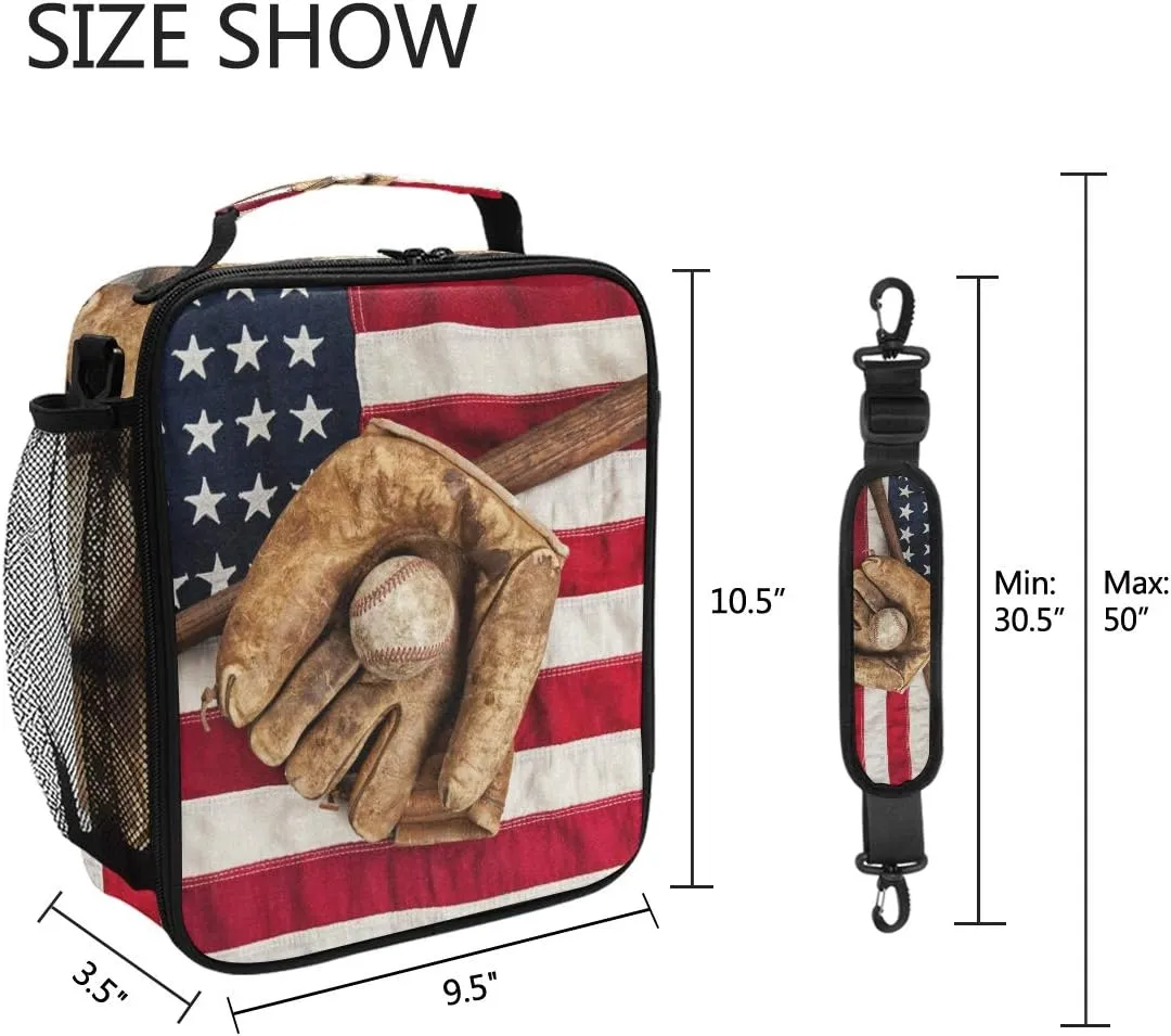 Lunch Bag American Flag Sport Baseball Insulated Lunch Box Ice Cooler Tote Bag Handbag Lunchbox Shoulder Strap for Boys Girls Women Men