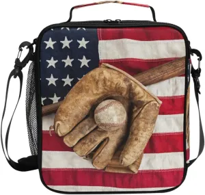 Lunch Bag American Flag Sport Baseball Insulated Lunch Box Ice Cooler Tote Bag Handbag Lunchbox Shoulder Strap for Boys Girls Women Men