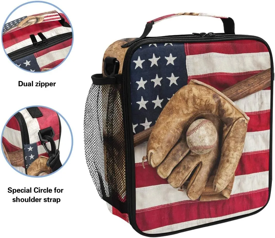 Lunch Bag American Flag Sport Baseball Insulated Lunch Box Ice Cooler Tote Bag Handbag Lunchbox Shoulder Strap for Boys Girls Women Men