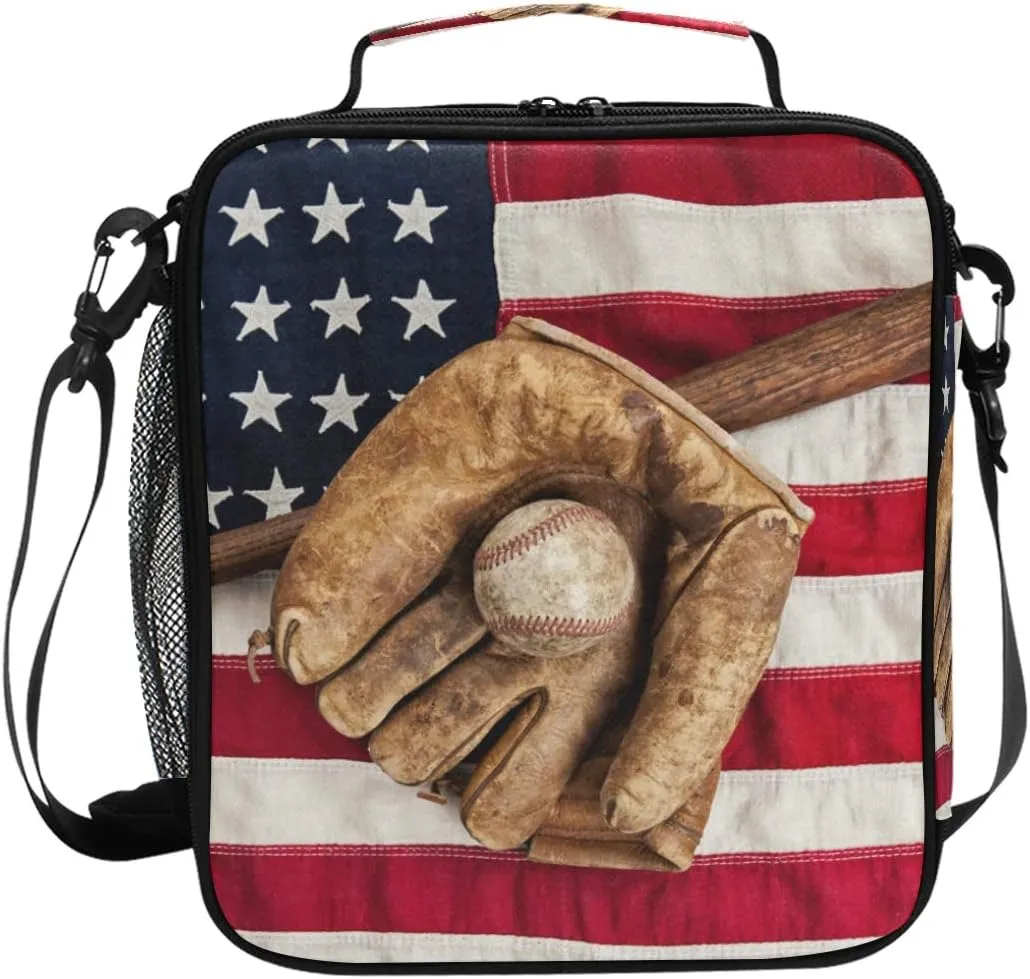 Lunch Bag American Flag Sport Baseball Insulated Lunch Box Ice Cooler Tote Bag Handbag Lunchbox Shoulder Strap for Boys Girls Women Men