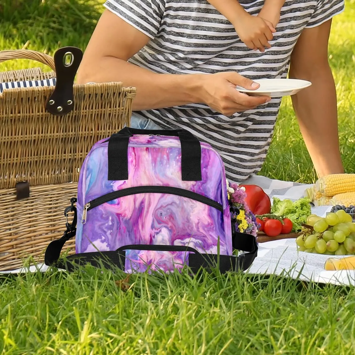 Lunch Bag for Women Men Gradient Meteorite Texture Reusable Durable Insulated Lunch Box for Work Office Picnic Beach Hiking Lunch Tote Bag with Adjustable Shoulder Strap