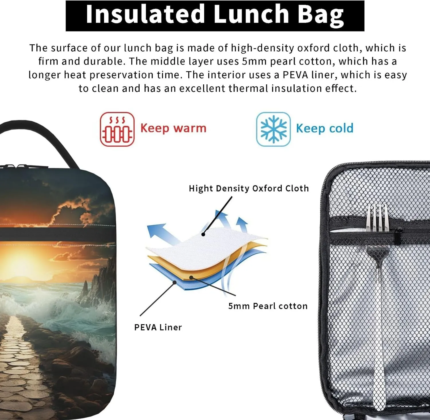 Lunch Bag for Women Men Lunch Box Insulated Cooler Bag Divided Sea Pathway Lunch Tote Bags for Work Office