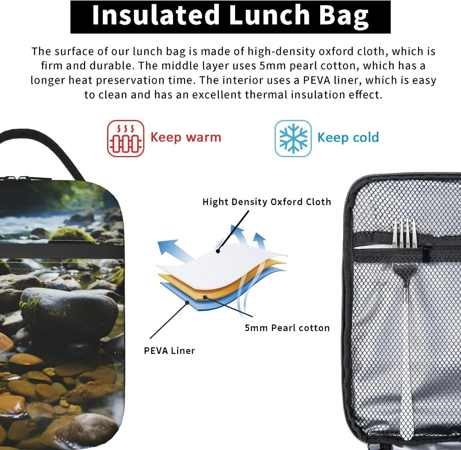 Lunch Bag for Women Men Lunch Box Insulated Cooler Bag Stream stones Lunch Tote Bags for Work Office