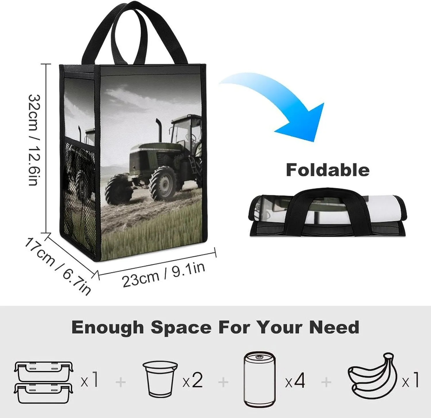 Lunch Bag for Women Men Lunch Box Reusable Tractor Agriculture Tranquil Lunch Tote Bag Leakproof Lunch Cooler Bag for Work