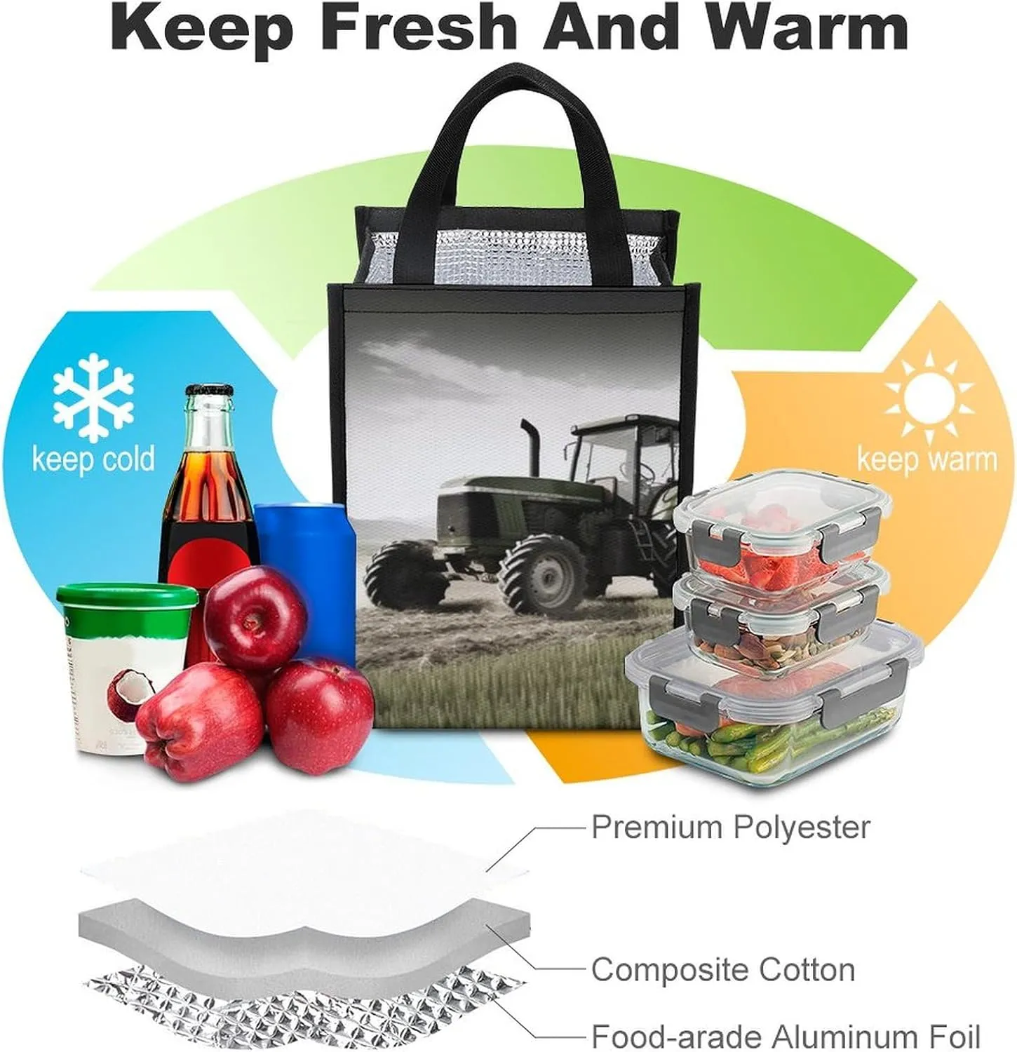 Lunch Bag for Women Men Lunch Box Reusable Tractor Agriculture Tranquil Lunch Tote Bag Leakproof Lunch Cooler Bag for Work