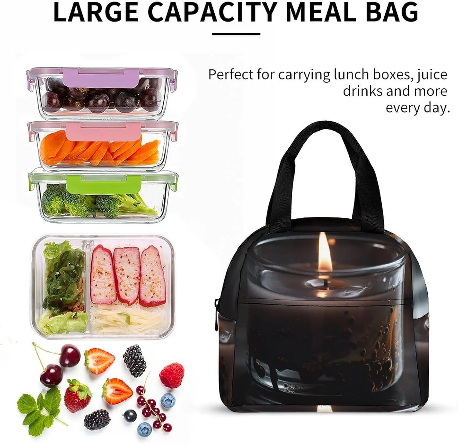 Lunch Bag for Women Men Portable Insulated Lunch Box A Lit Candle LunchBox Reusable Tote Bags for Work Picnic