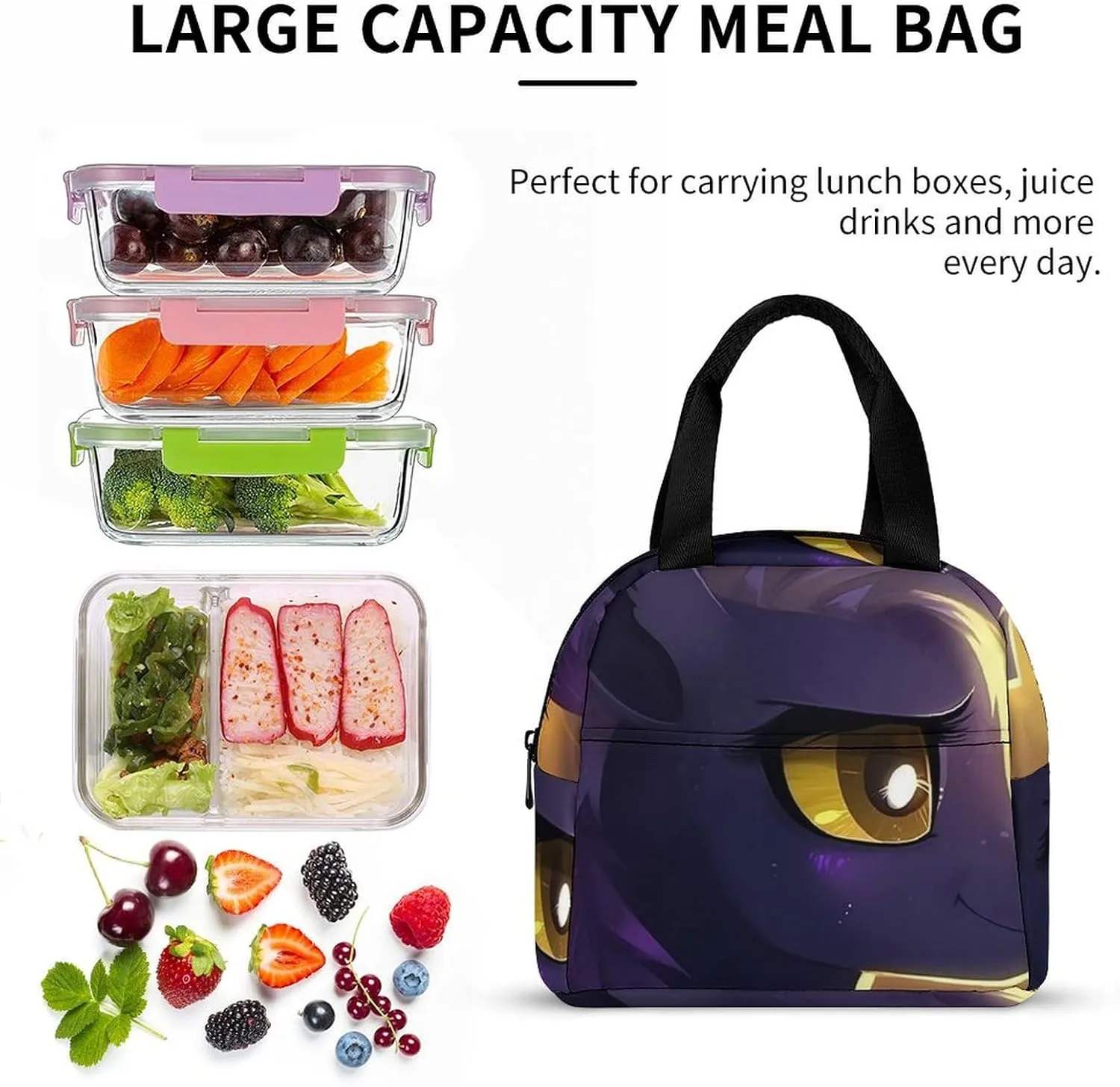 Lunch Bag for Women Men Portable Insulated Lunch Box Cartoon Purple Pony LunchBox Reusable Tote Bags for Work Picnic