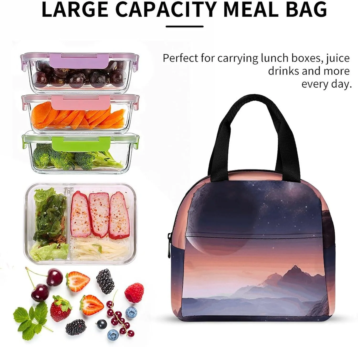 Lunch Bag for Women Men Portable Insulated Lunch Box Galaxy Nature Planet LunchBox Reusable Tote Bags for Work Picnic