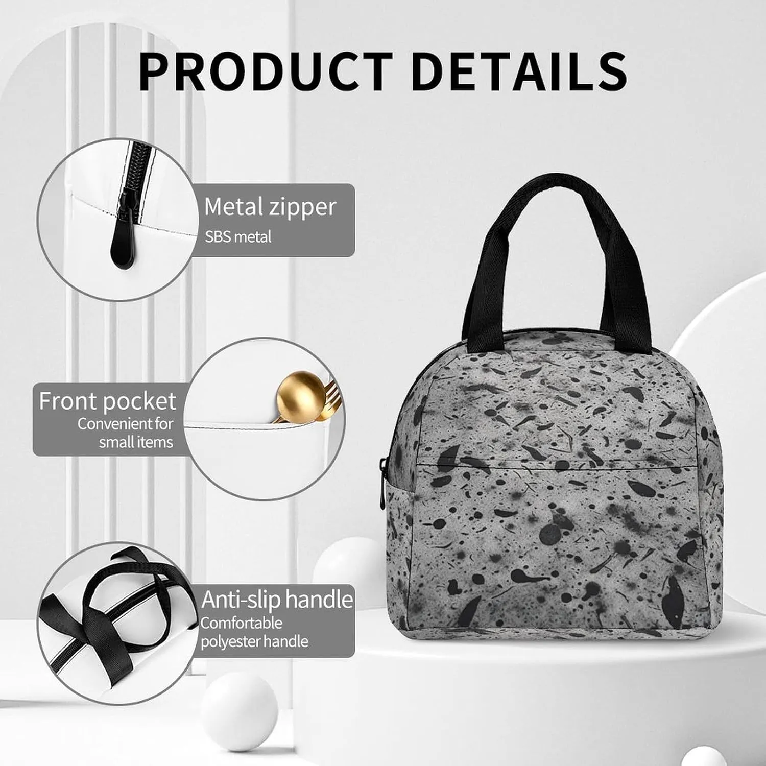 Lunch Bag for Women Men Portable Insulated Lunch Box Gray Concrete LunchBox Reusable Tote Bags for Work Picnic