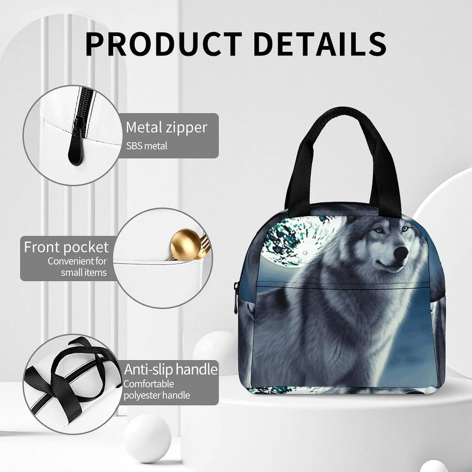 Lunch Bag for Women Men Portable Insulated Lunch Box Wolf Under Moon LunchBox Reusable Tote Bags for Work Picnic