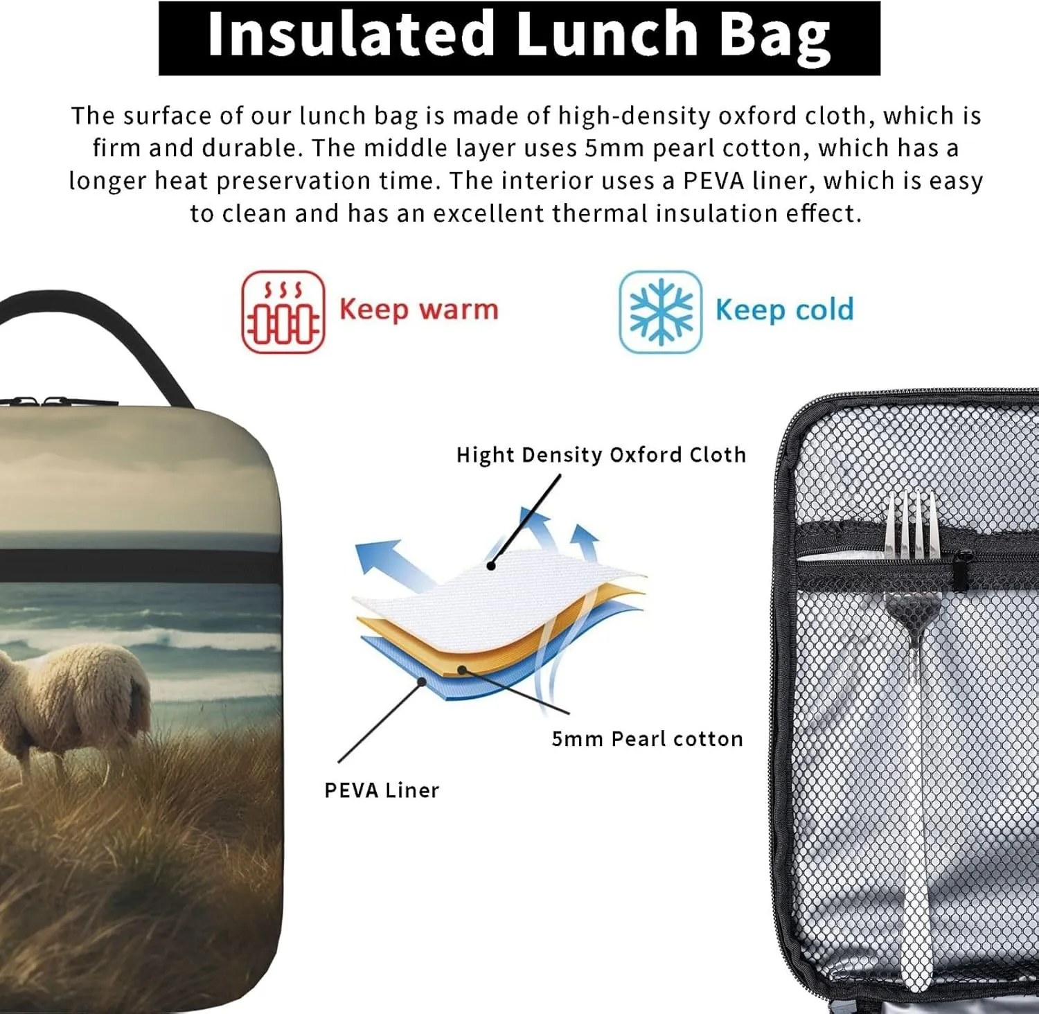 Lunch Bag for Women Men Reusable Insulated Lunch box Sheep Eating Grass Cooler Bag Waterproof Lunch Tote Bags