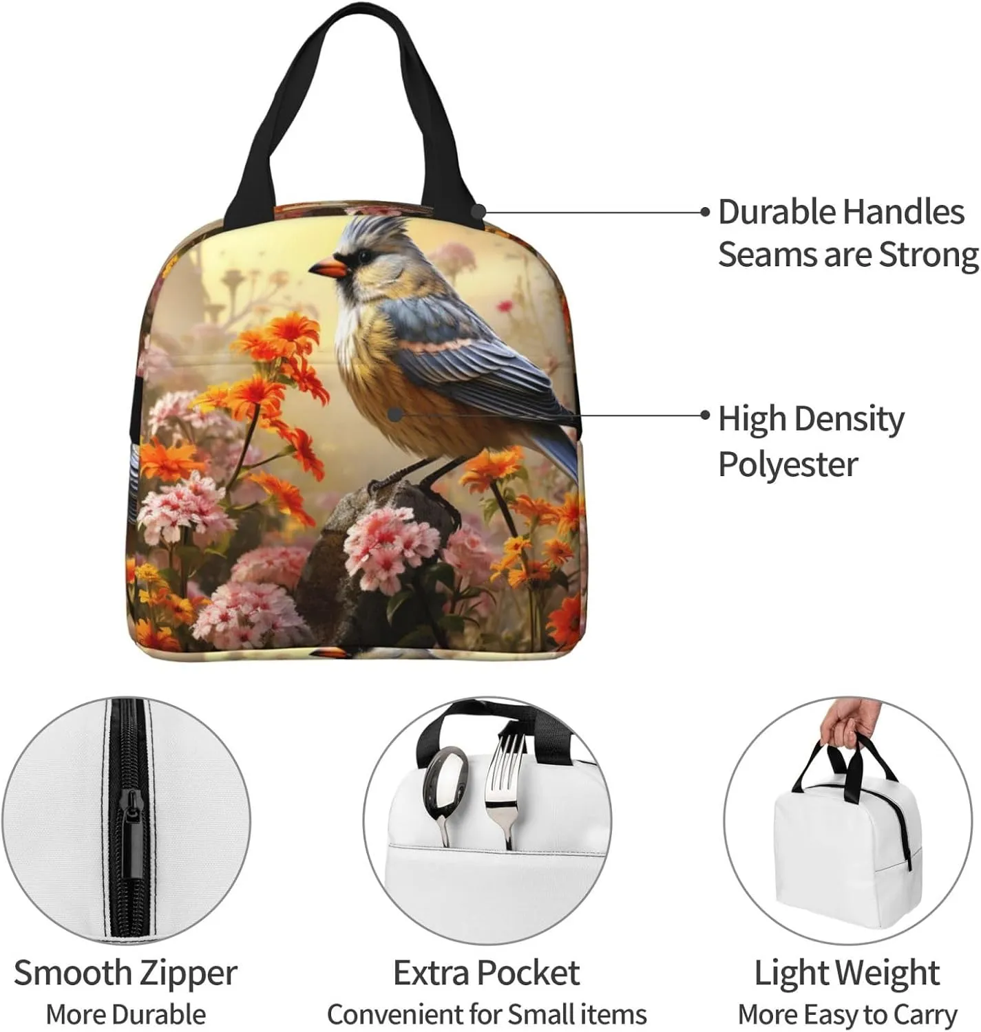 Lunch Bag for Women Men Sparrow Birds Sing LunchBox Portable Insulated Lunch Box Reusable Tote Bags for Work