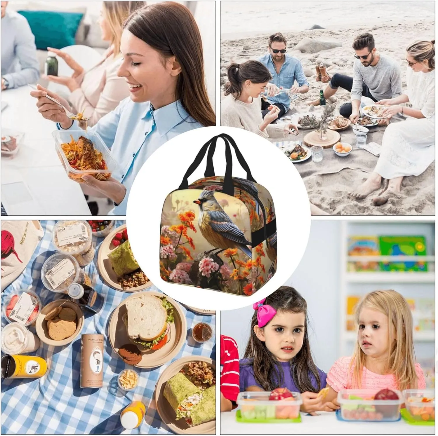 Lunch Bag for Women Men Sparrow Birds Sing LunchBox Portable Insulated Lunch Box Reusable Tote Bags for Work