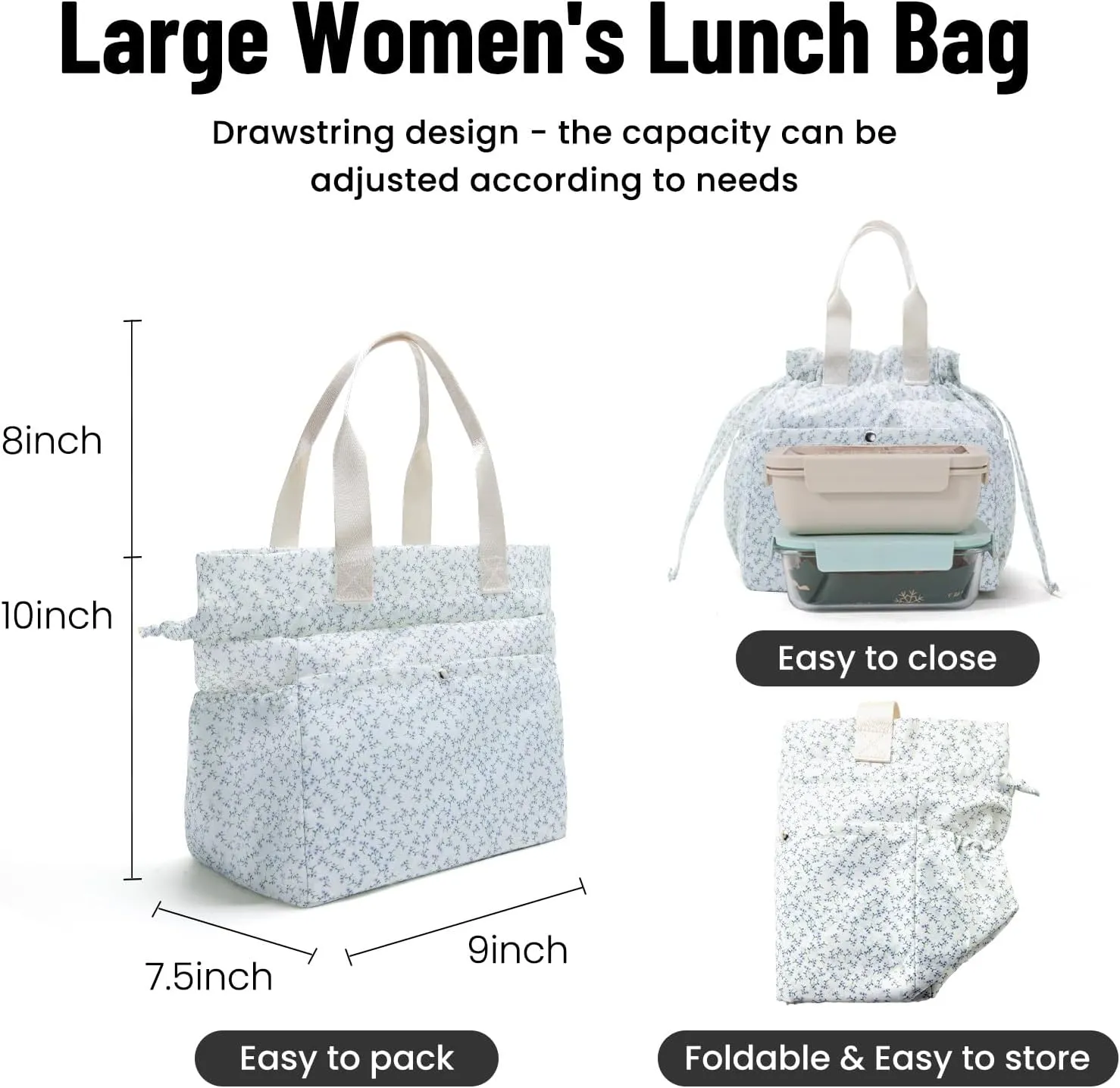 Lunch Bag for Women Reusable Drawstring Insulated Lunch Box Stain-Resistant Large Cinch Closure Lunch Bags for Work Office (lavender)