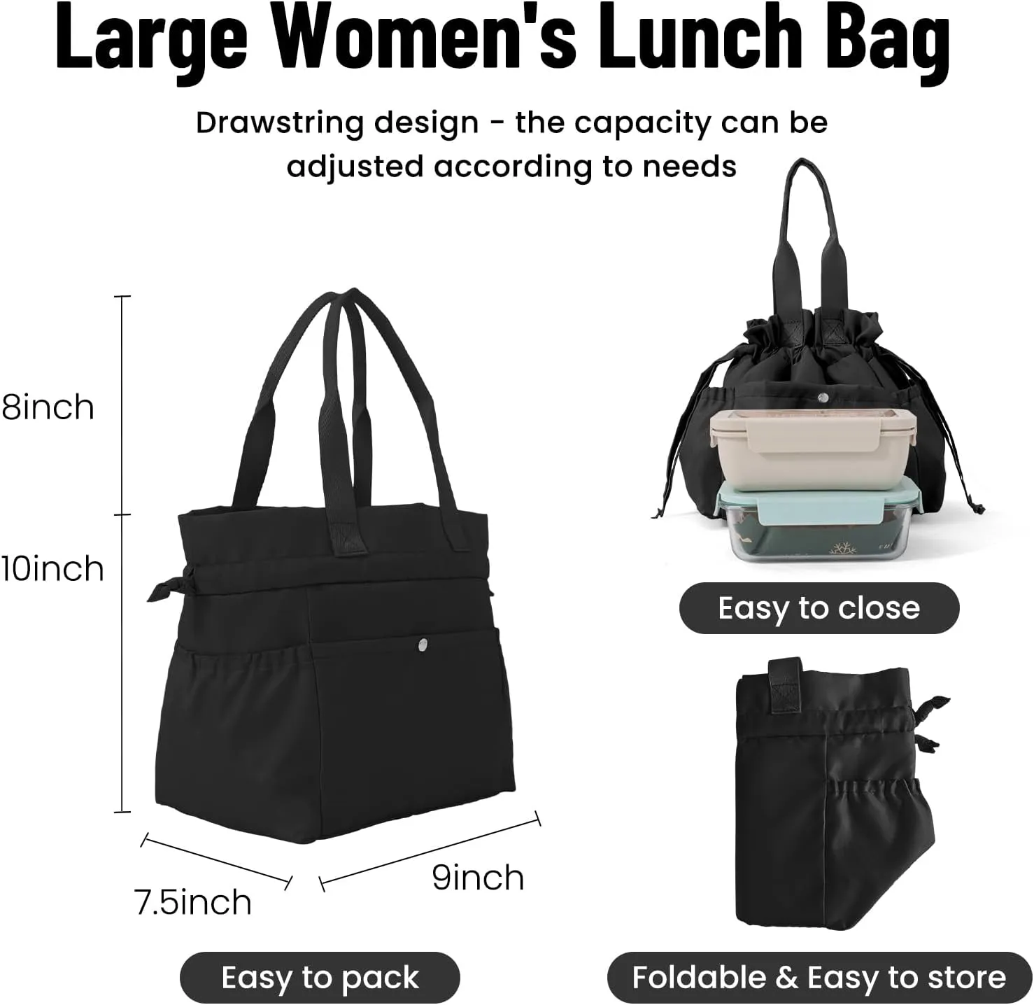 Lunch Bag for Women Reusable Drawstring Insulated Lunch Box Stain-Resistant Large Cinch Closure Lunch Bags for Work Office