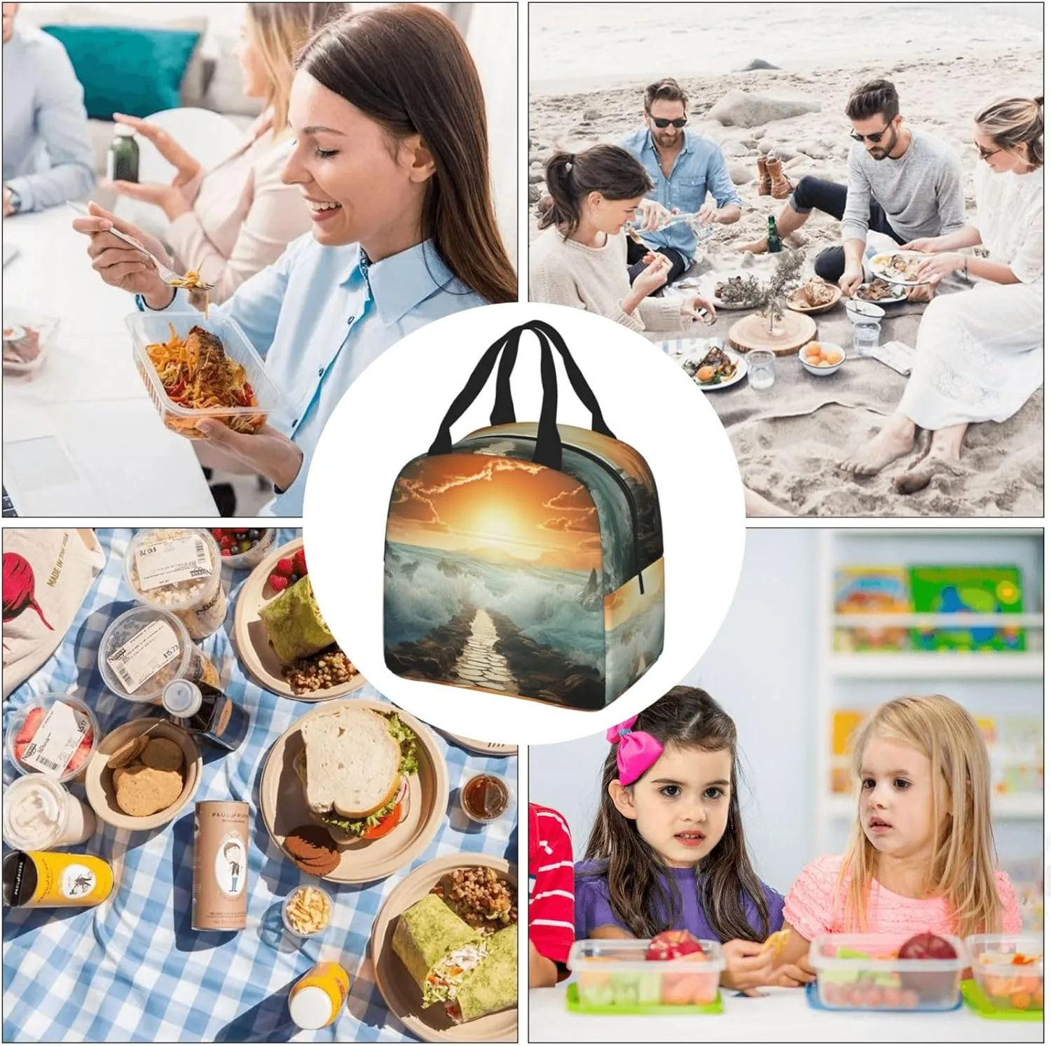 Lunch Bag Insulated Divided Sea Pathway Lunch Box for Women Men Reusable Lunch Tote Cooler Bag for Office Picnic