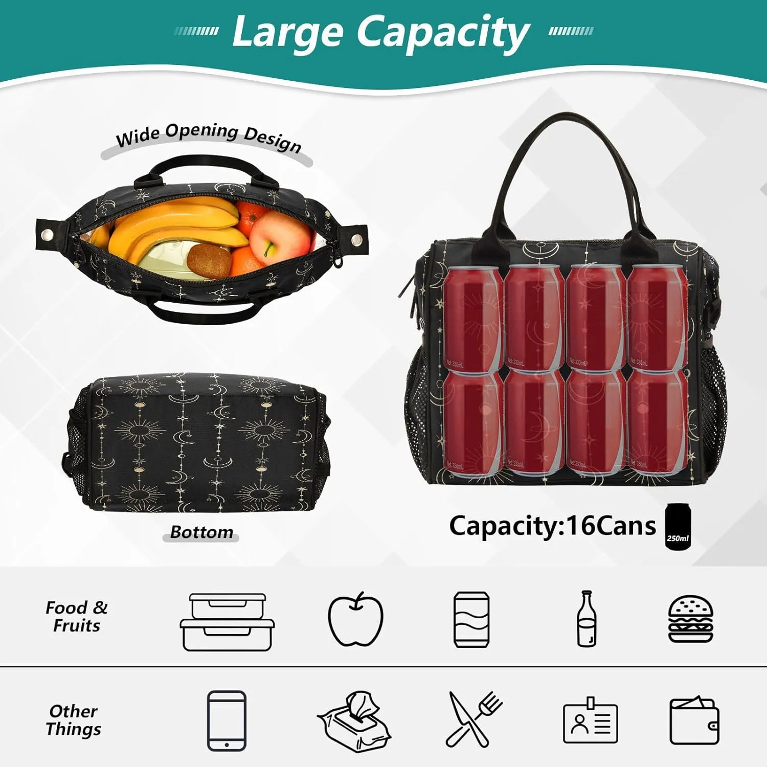 Lunch Bag Insulated Lunch Box Large Lunch Tote Bag Leakproof Lunch Cooler Bag Sun Moon Stars Witch for Men Women