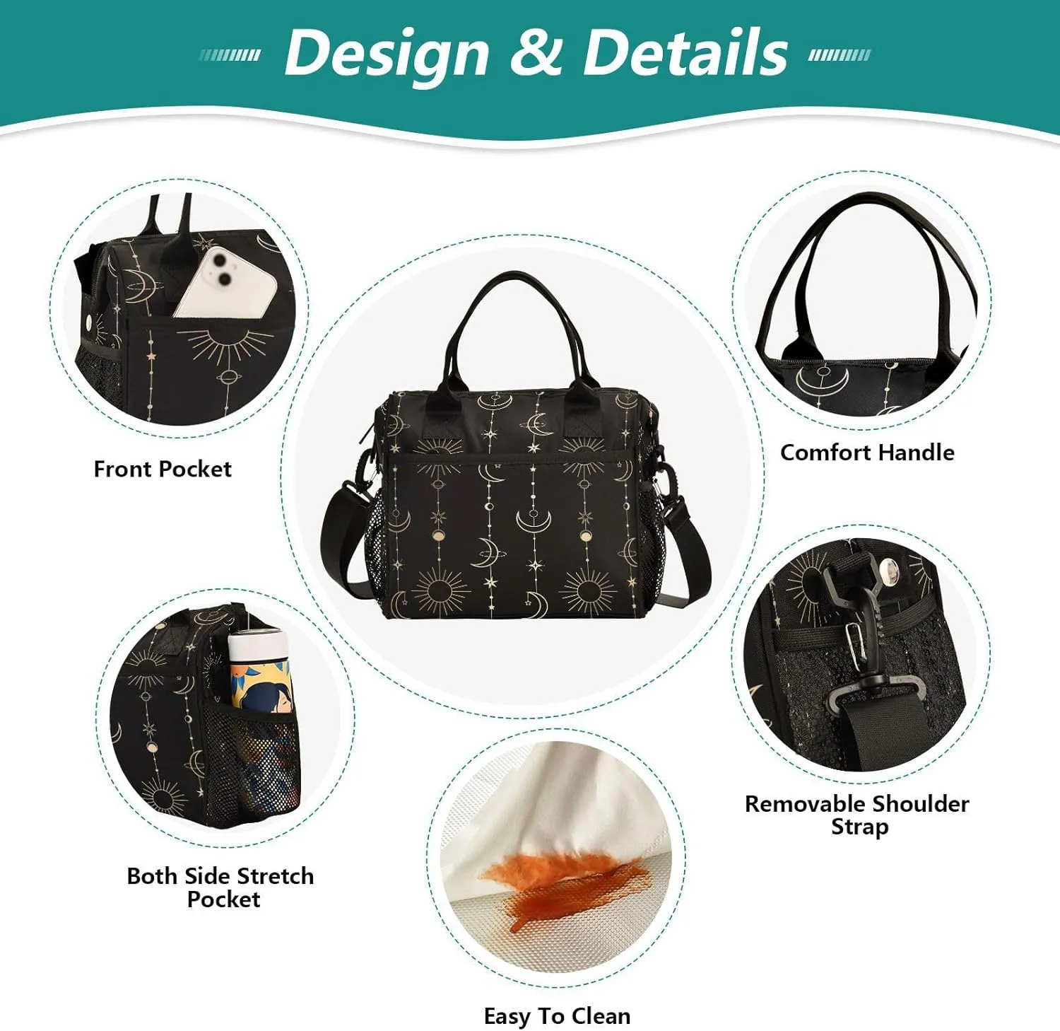Lunch Bag Insulated Lunch Box Large Lunch Tote Bag Leakproof Lunch Cooler Bag Sun Moon Stars Witch for Men Women