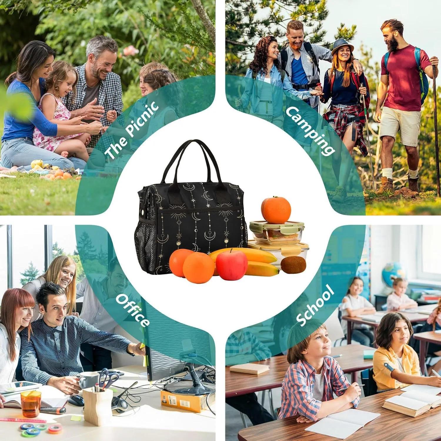 Lunch Bag Insulated Lunch Box Large Lunch Tote Bag Leakproof Lunch Cooler Bag Sun Moon Stars Witch for Men Women