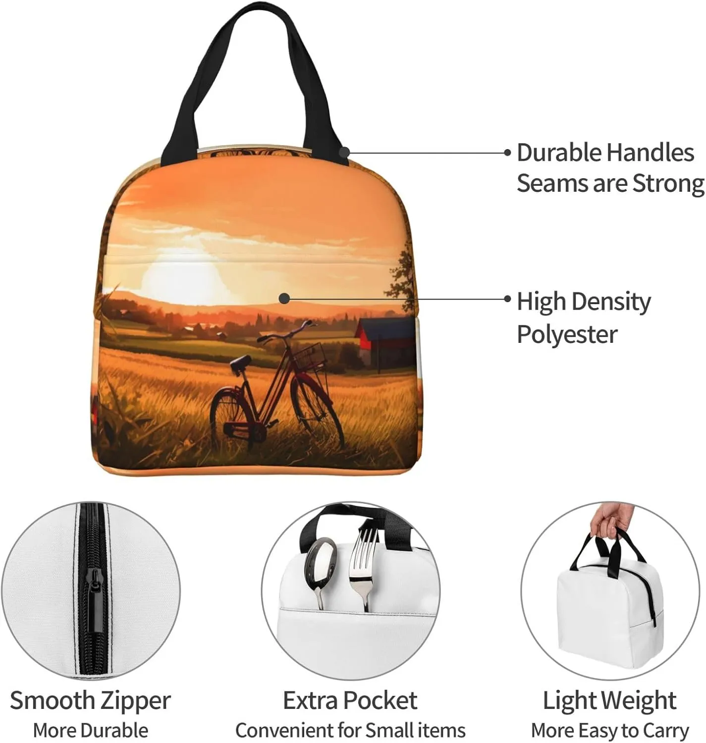 Lunch Bag Insulated Sunset Rural View Lunch Box for Women Men Reusable Lunch Tote Cooler Bag for Office Picnic