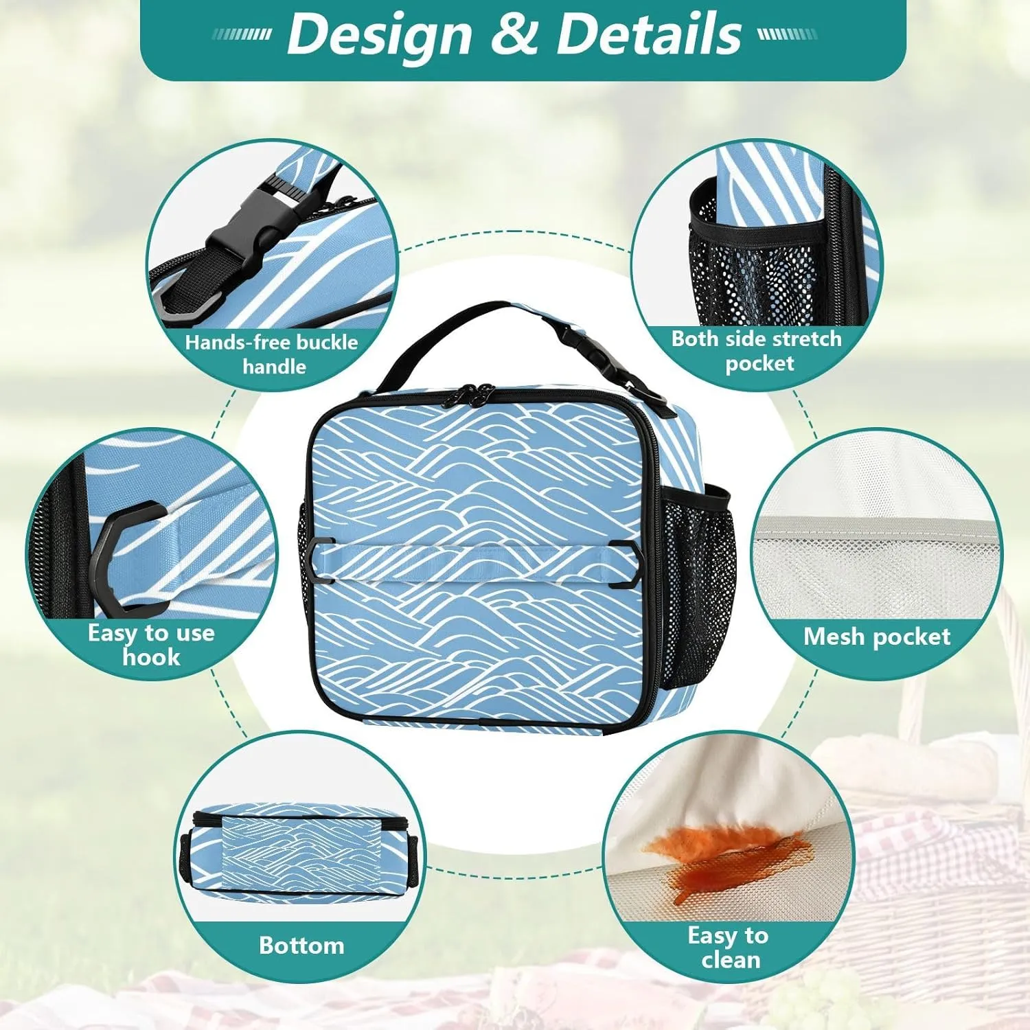 Lunch Bag Lunch Box for Women Men Insulated Cooler Bag Reusable Lunch Box Tote Bag with Strap for Work Picnic Blue Mountain