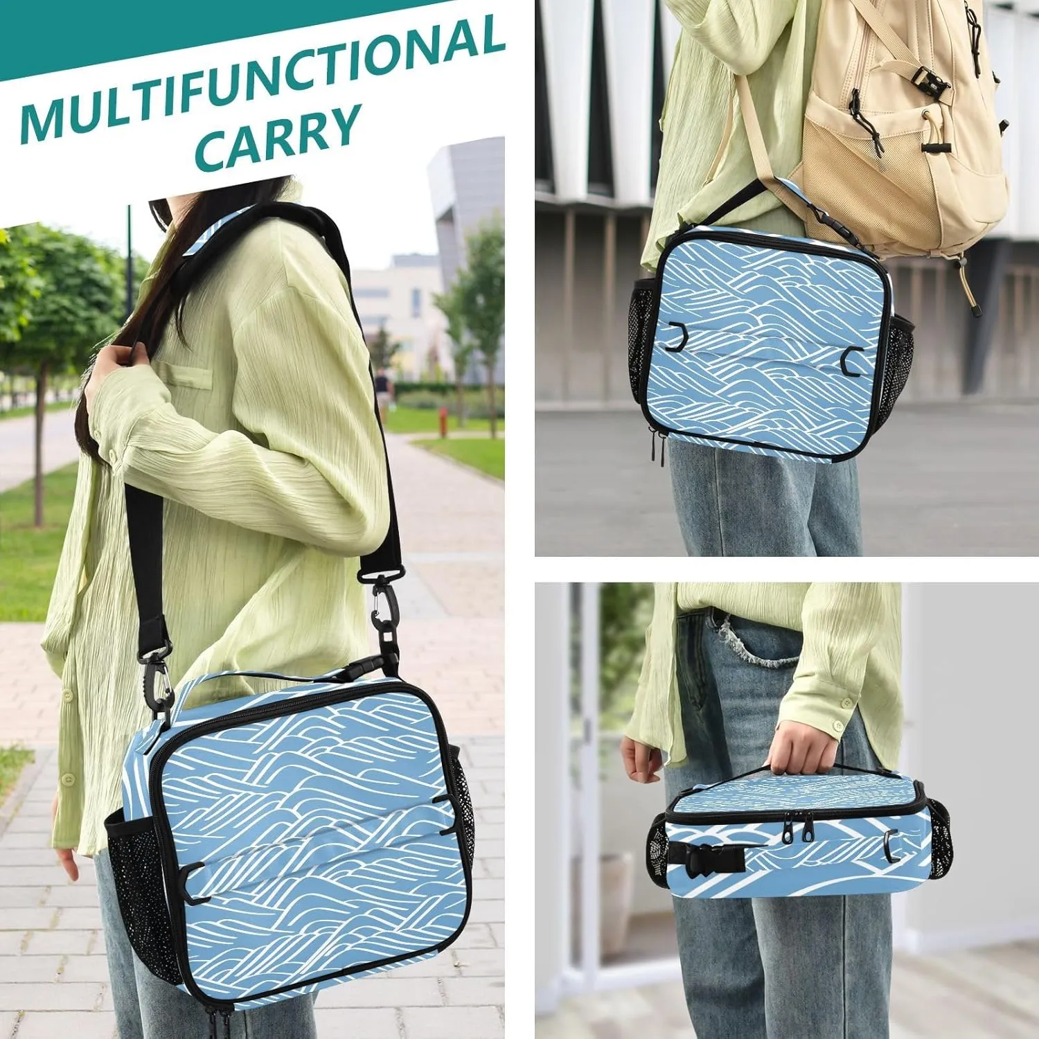 Lunch Bag Lunch Box for Women Men Insulated Cooler Bag Reusable Lunch Box Tote Bag with Strap for Work Picnic Blue Mountain