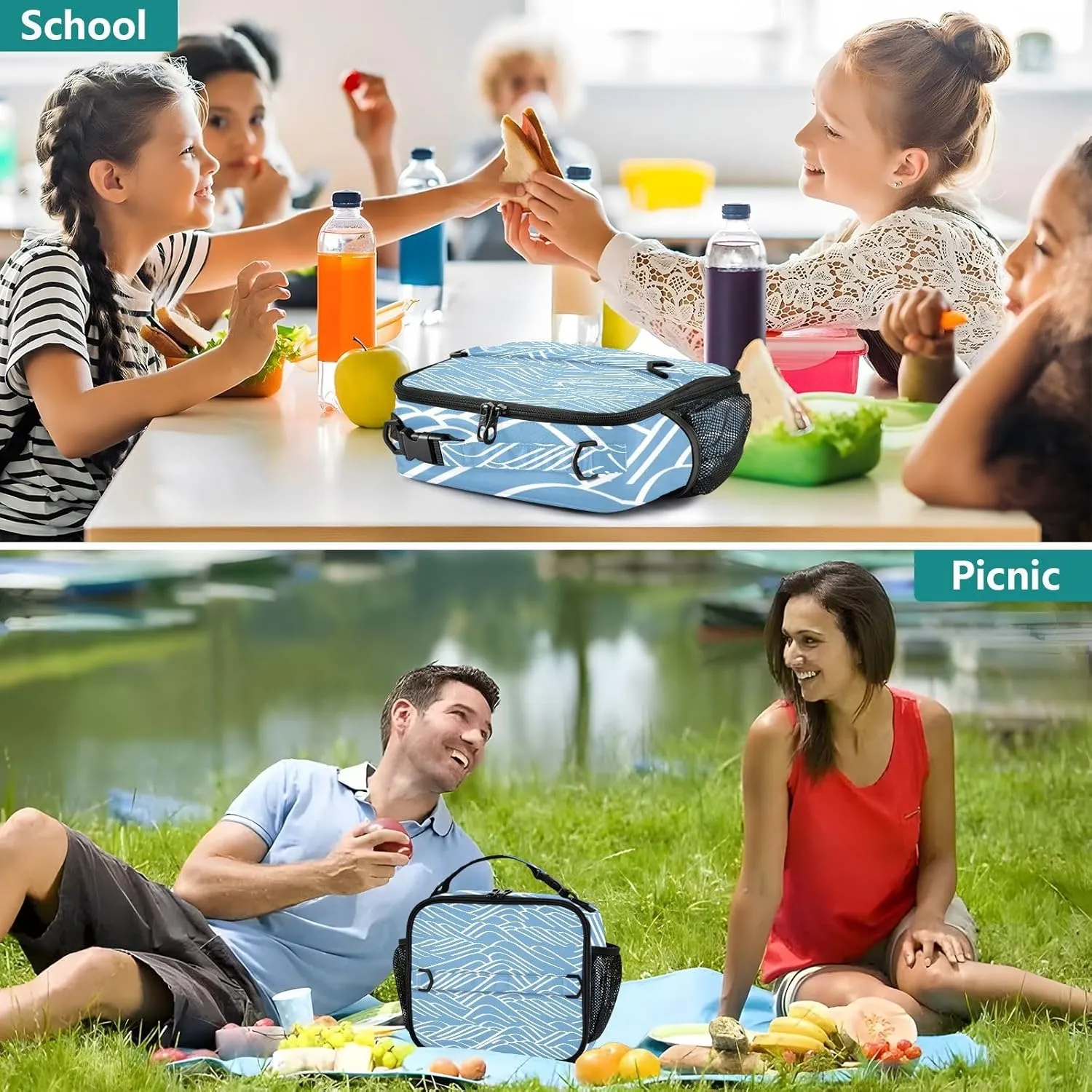 Lunch Bag Lunch Box for Women Men Insulated Cooler Bag Reusable Lunch Box Tote Bag with Strap for Work Picnic Blue Mountain