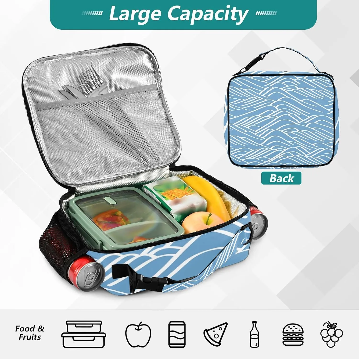 Lunch Bag Lunch Box for Women Men Insulated Cooler Bag Reusable Lunch Box Tote Bag with Strap for Work Picnic Blue Mountain