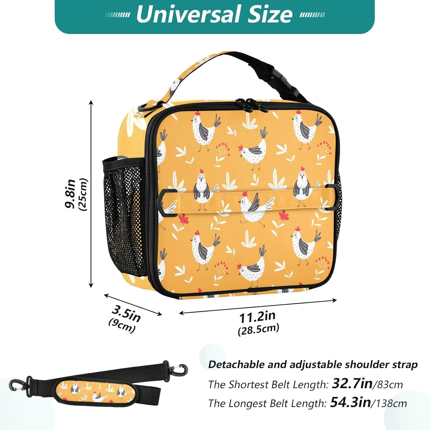 Lunch Bag Lunch Box for Women Men Insulated Cooler Bag Reusable Lunch Box Tote Bag with Strap for Work Picnic Chickens Orange