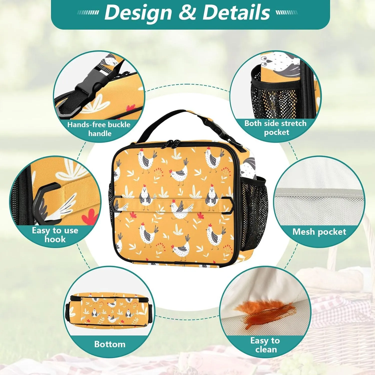 Lunch Bag Lunch Box for Women Men Insulated Cooler Bag Reusable Lunch Box Tote Bag with Strap for Work Picnic Chickens Orange