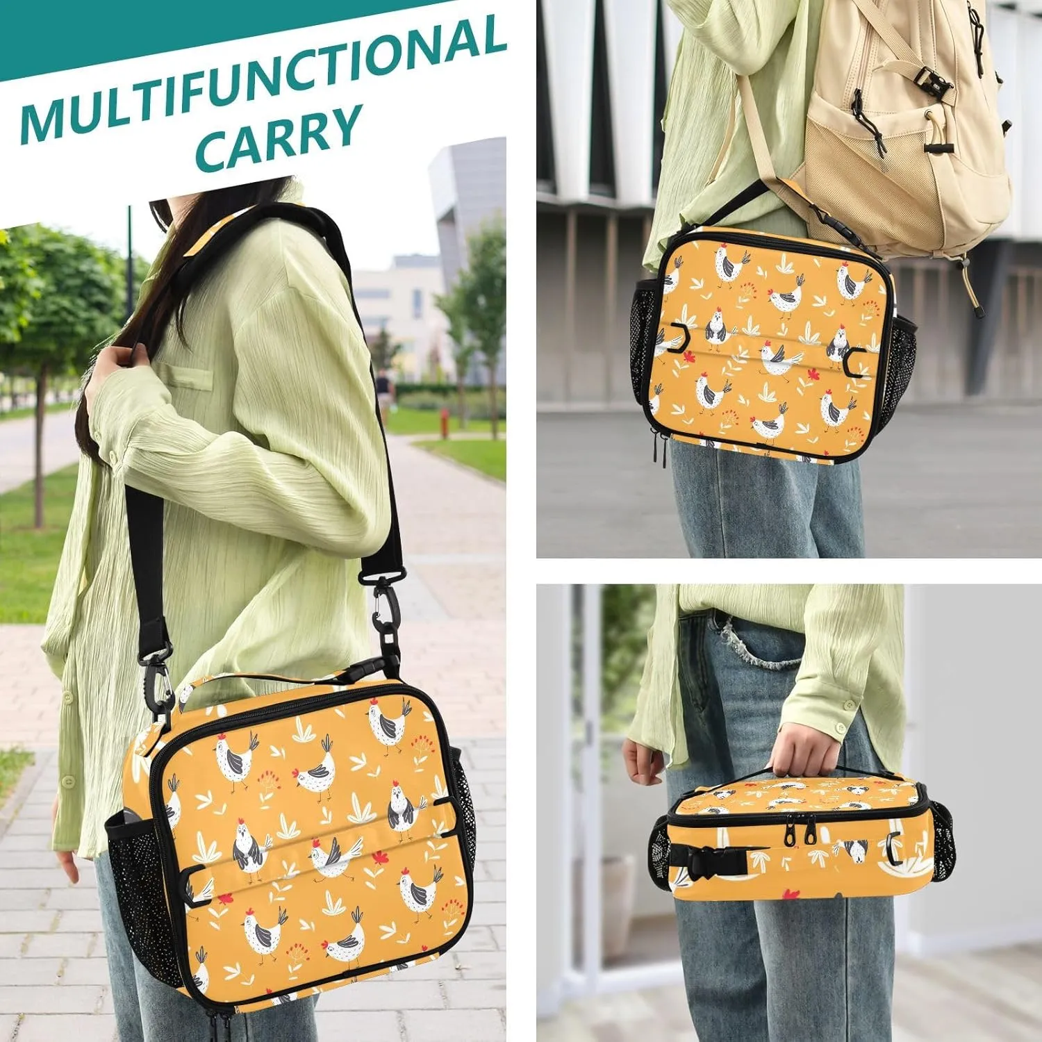 Lunch Bag Lunch Box for Women Men Insulated Cooler Bag Reusable Lunch Box Tote Bag with Strap for Work Picnic Chickens Orange