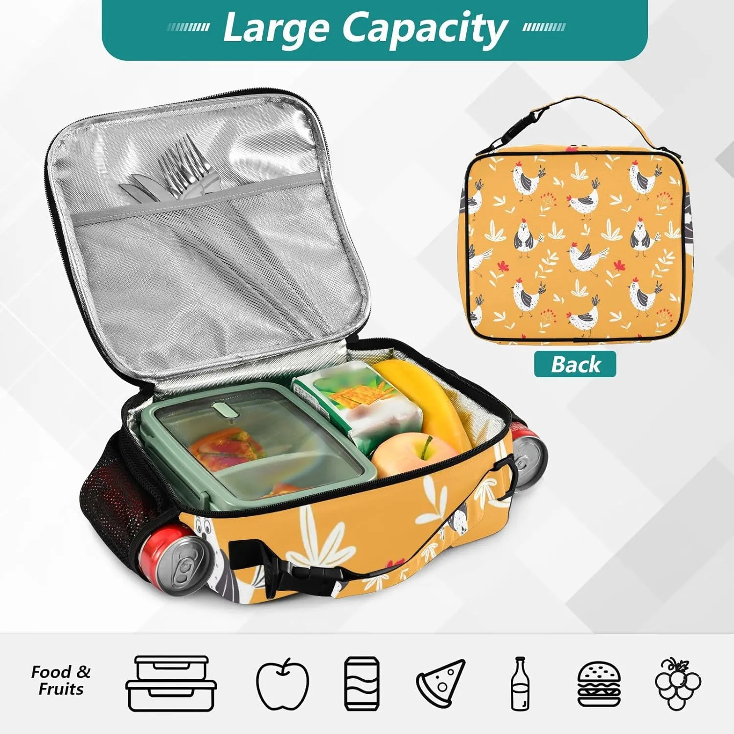 Lunch Bag Lunch Box for Women Men Insulated Cooler Bag Reusable Lunch Box Tote Bag with Strap for Work Picnic Chickens Orange