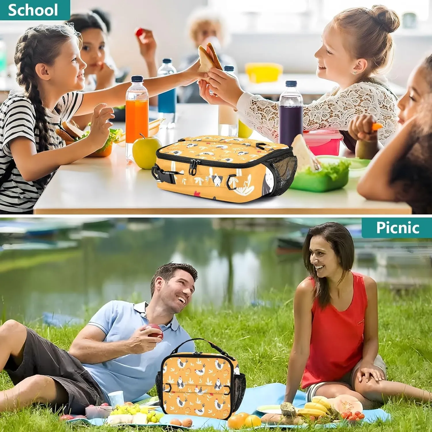 Lunch Bag Lunch Box for Women Men Insulated Cooler Bag Reusable Lunch Box Tote Bag with Strap for Work Picnic Chickens Orange