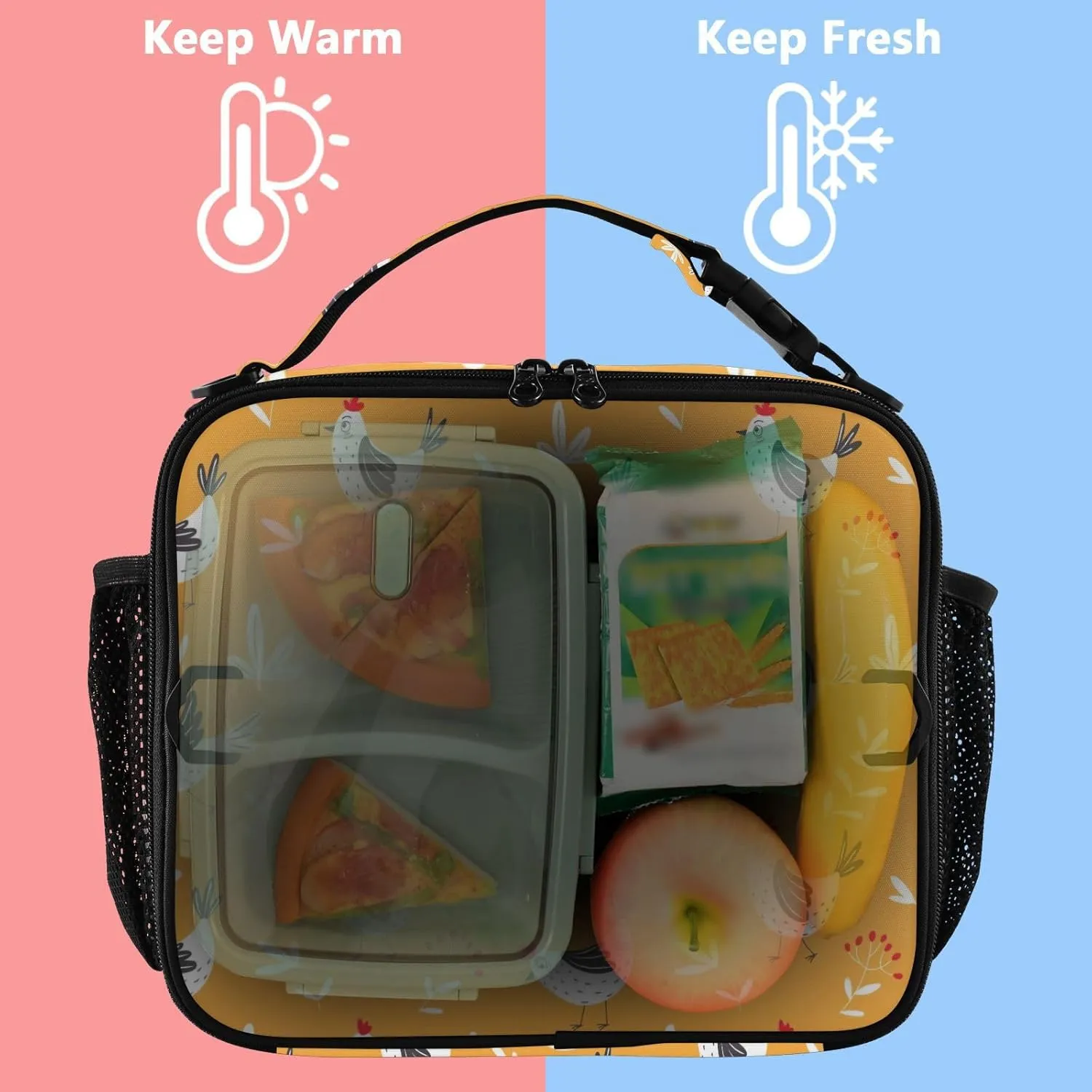 Lunch Bag Lunch Box for Women Men Insulated Cooler Bag Reusable Lunch Box Tote Bag with Strap for Work Picnic Chickens Orange