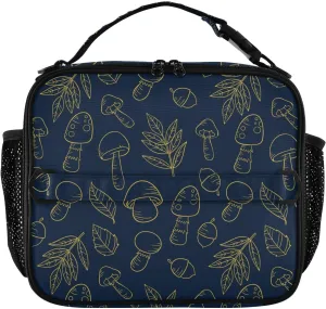Lunch Bag Lunch Box for Women Men Insulated Cooler Bag Reusable Lunch Box Tote Bag with Strap for Work Picnic Gold Line Mushroom Black