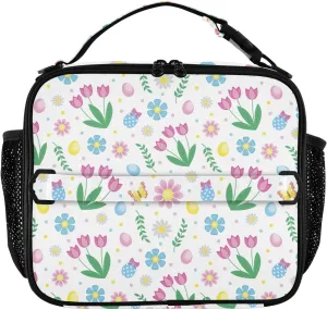 Lunch Bag Lunch Box for Women Men Insulated Cooler Bag Reusable Lunch Box Tote Bag with Strap for Work Picnic Spring Tulip Flowers White