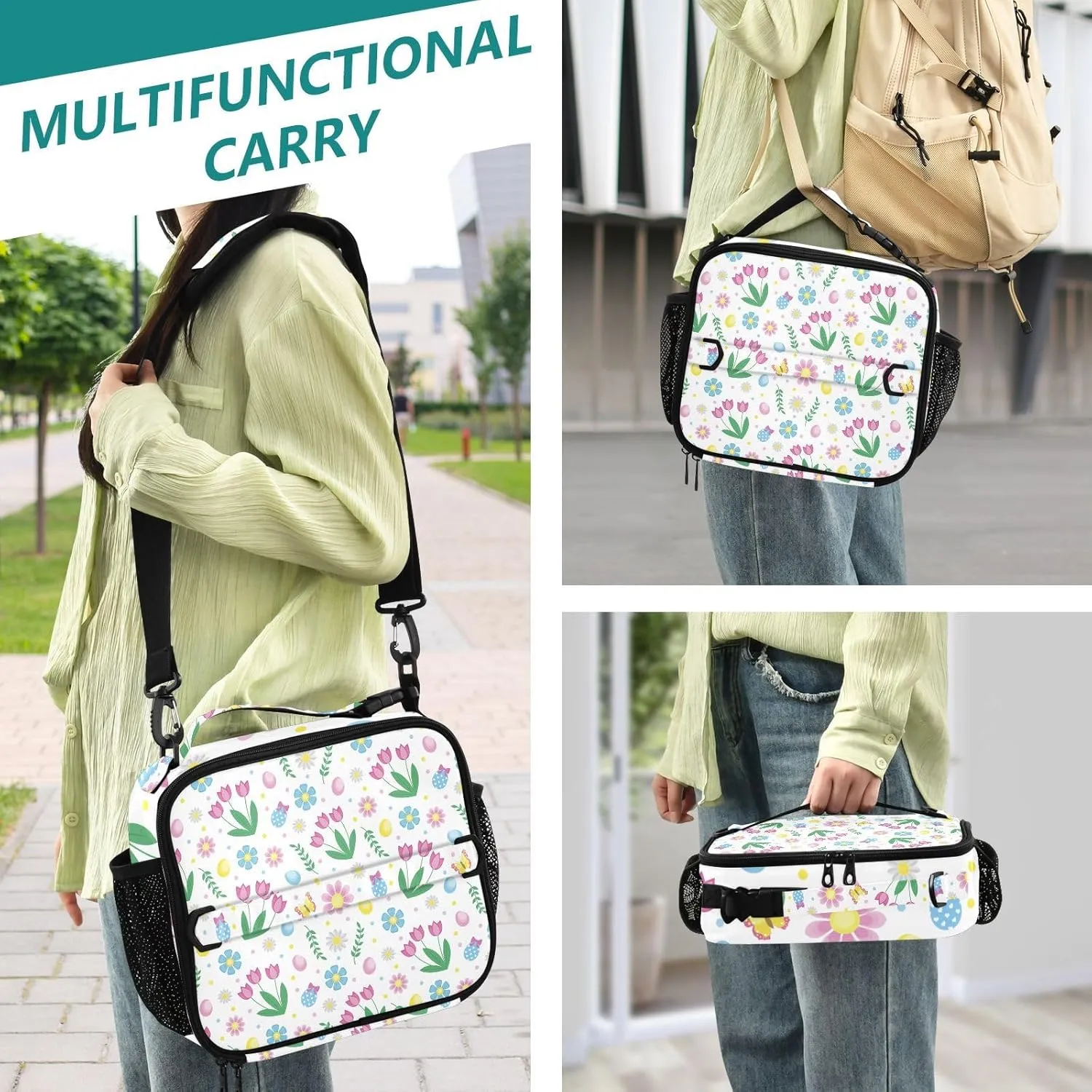 Lunch Bag Lunch Box for Women Men Insulated Cooler Bag Reusable Lunch Box Tote Bag with Strap for Work Picnic Spring Tulip Flowers White