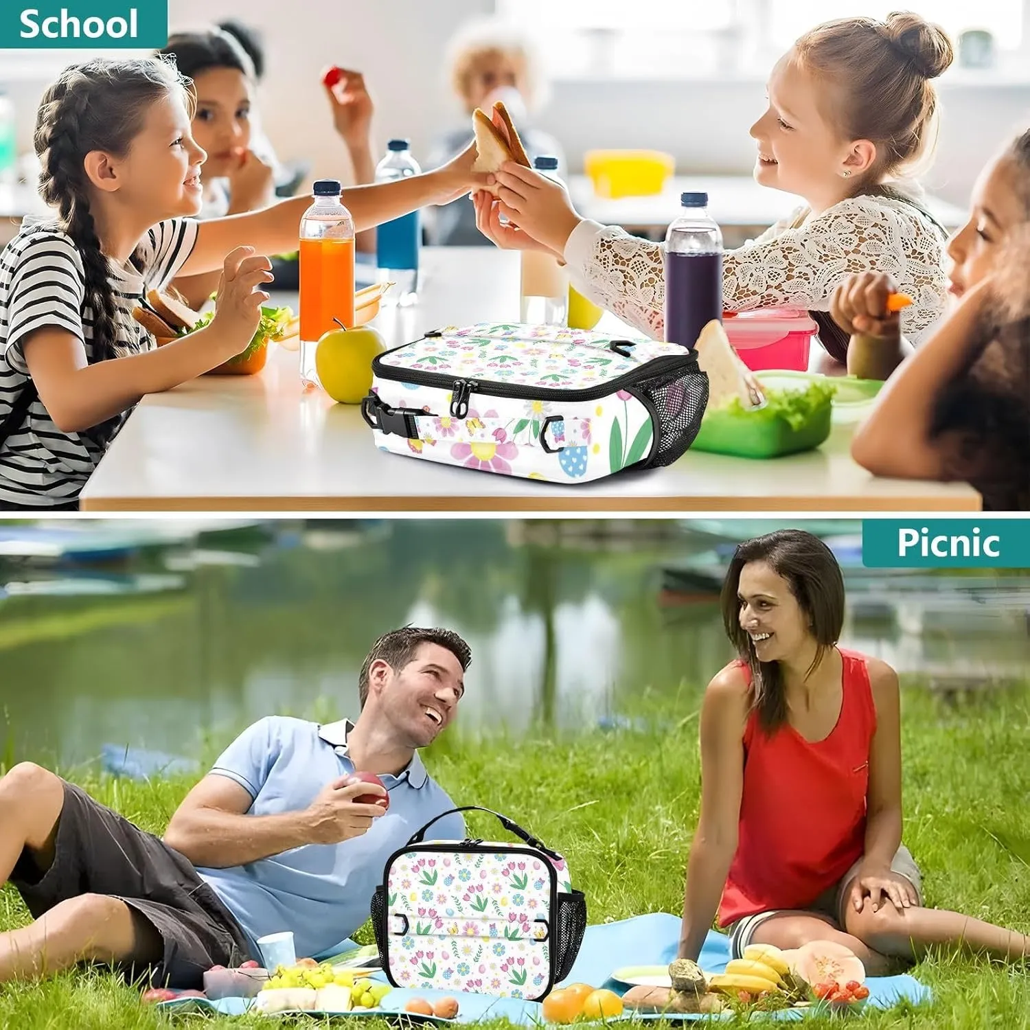 Lunch Bag Lunch Box for Women Men Insulated Cooler Bag Reusable Lunch Box Tote Bag with Strap for Work Picnic Spring Tulip Flowers White