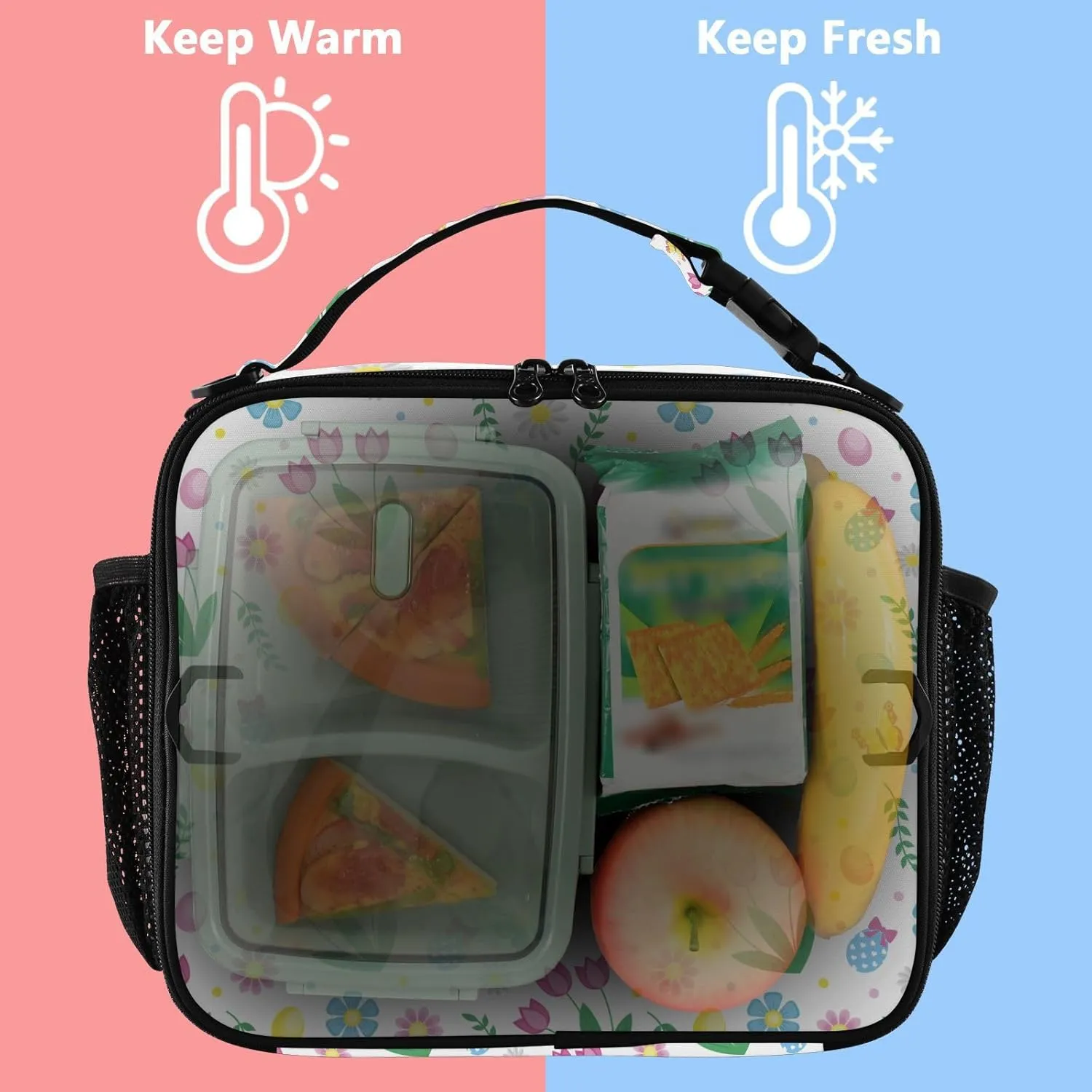 Lunch Bag Lunch Box for Women Men Insulated Cooler Bag Reusable Lunch Box Tote Bag with Strap for Work Picnic Spring Tulip Flowers White