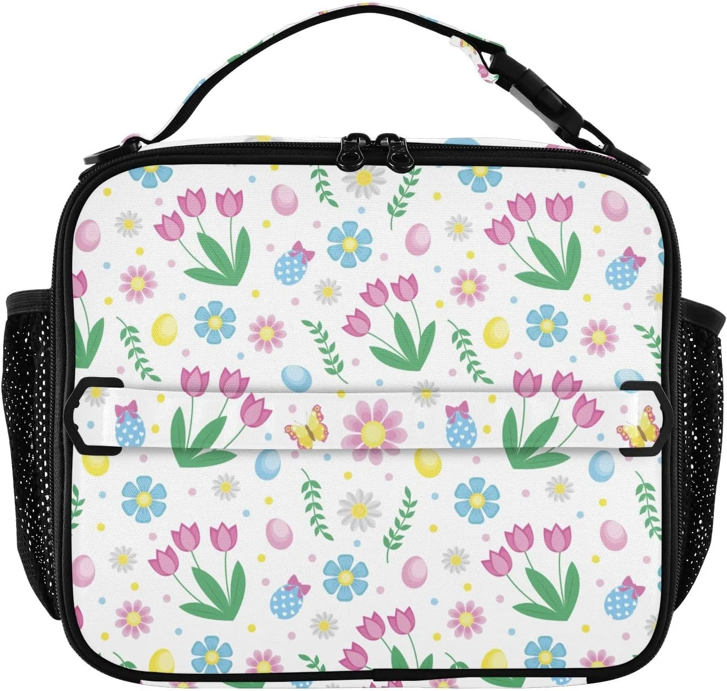 Lunch Bag Lunch Box for Women Men Insulated Cooler Bag Reusable Lunch Box Tote Bag with Strap for Work Picnic Spring Tulip Flowers White