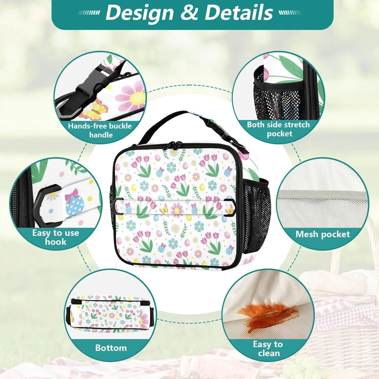 Lunch Bag Lunch Box for Women Men Insulated Cooler Bag Reusable Lunch Box Tote Bag with Strap for Work Picnic Spring Tulip Flowers White