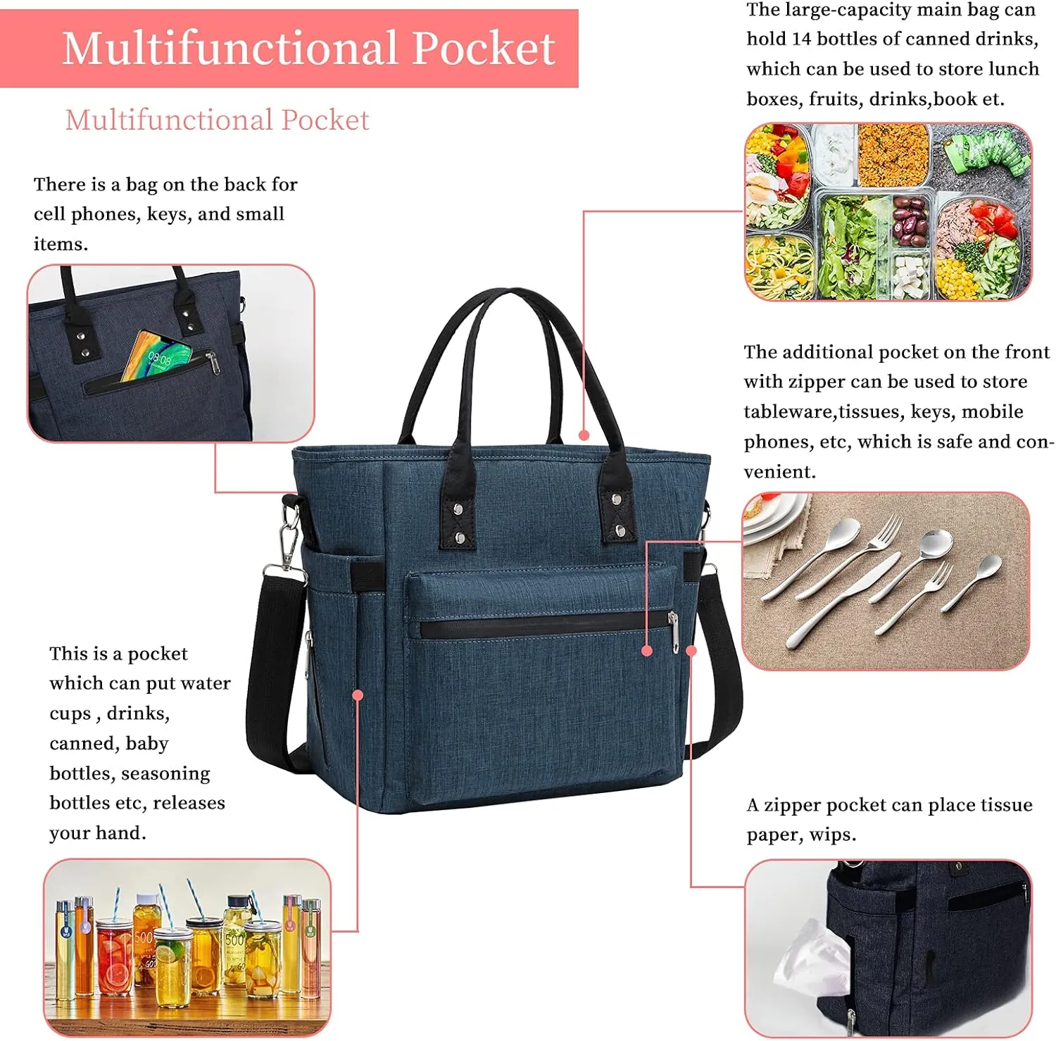 Lunch Bag Reusable For Women Thermal Food Storage Tote Bags Water Resistant Ice Cooler with Long Shoulder Strap Big Volume Lunch Boxes For Men Adult Picnic Working Outing (Navy)