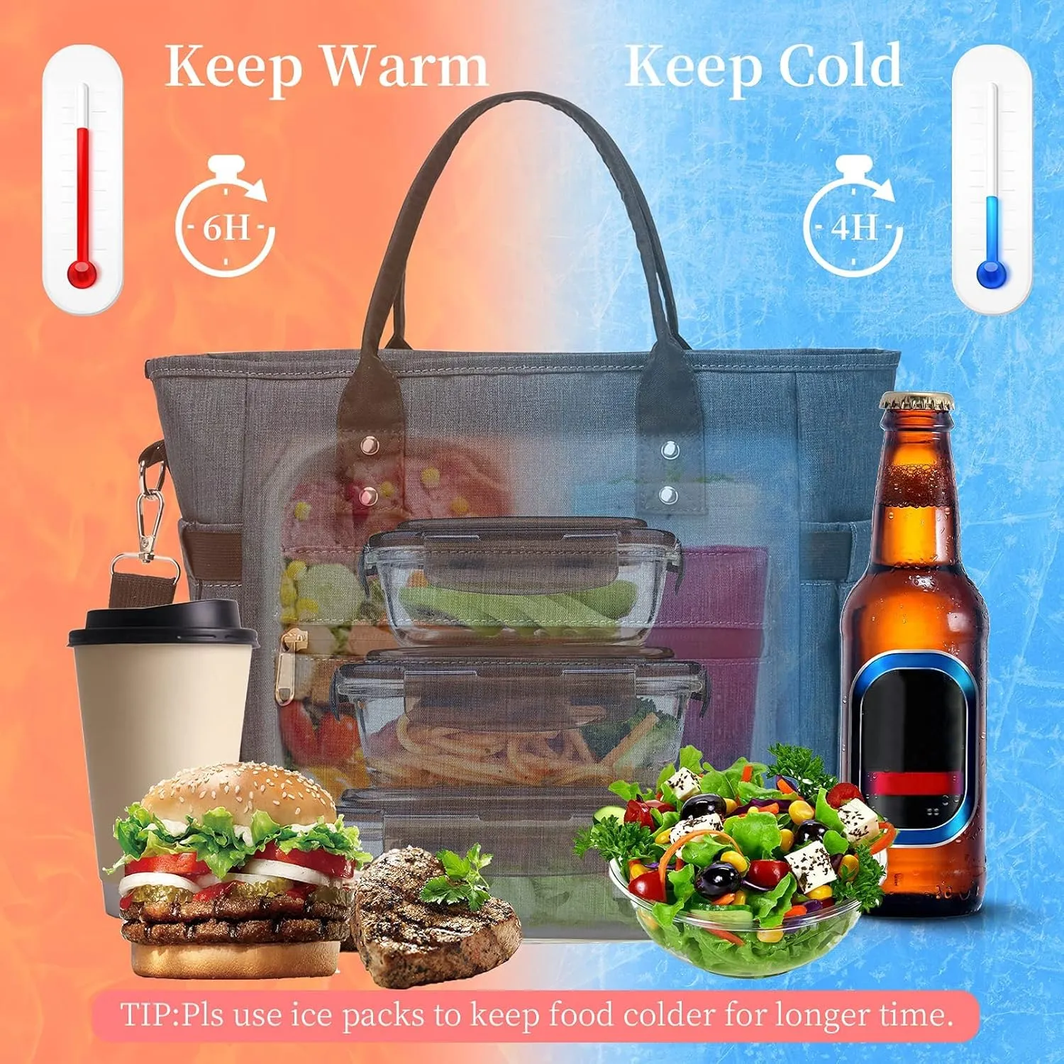 Lunch Bag Reusable For Women Thermal Food Storage Tote Bags Water Resistant Ice Cooler with Long Shoulder Strap Big Volume Lunch Boxes For Men Adult Picnic Working Outing (Navy)